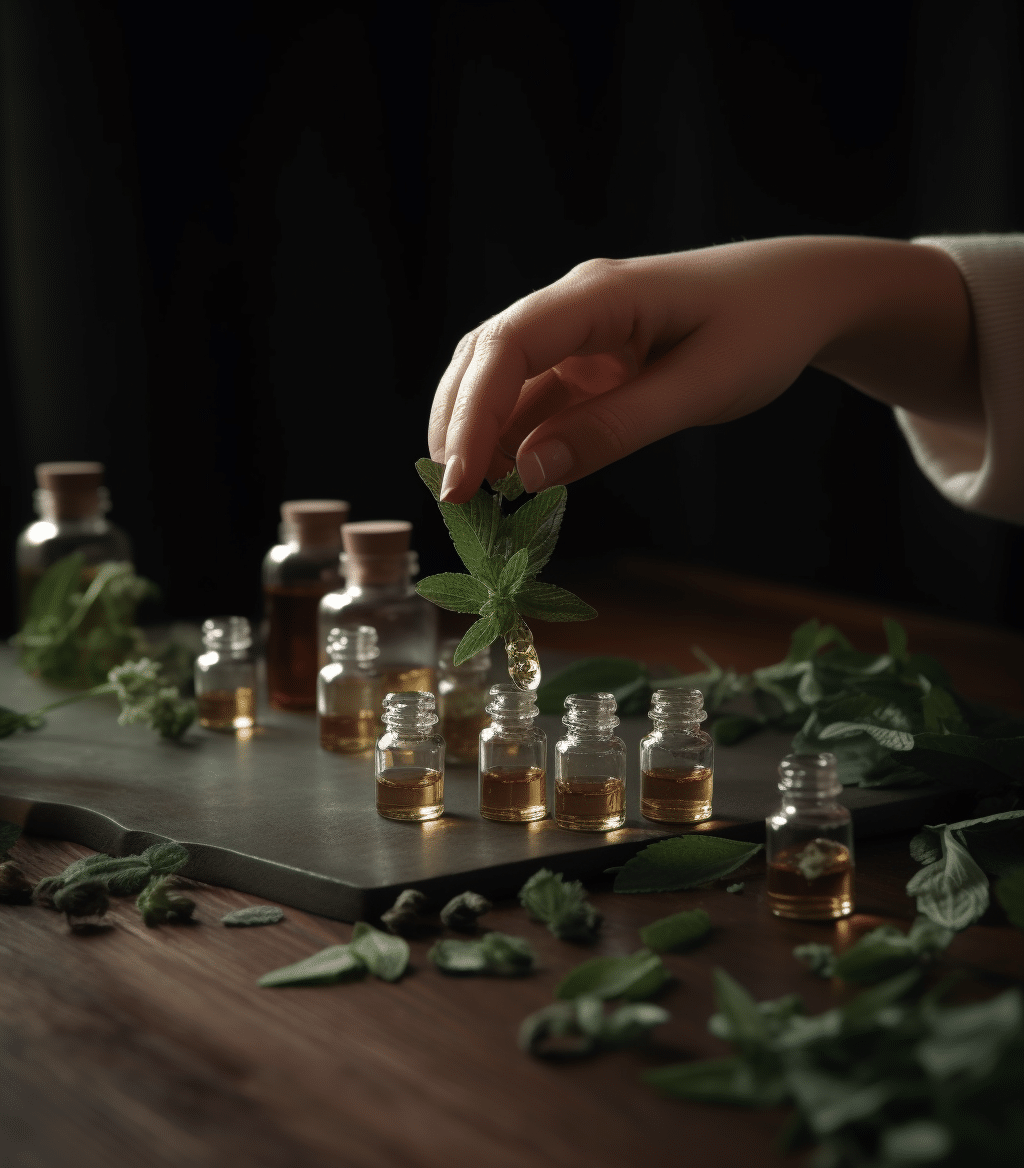 A close-up of a hand gently holding a fresh green leaf, poised above a row of small glass vials filled with amber-colored oil, on a dark matte surface. Additional vials, cork-sealed bottles, and scattered plant leaves surround the central tableau against a softly lit, black background.